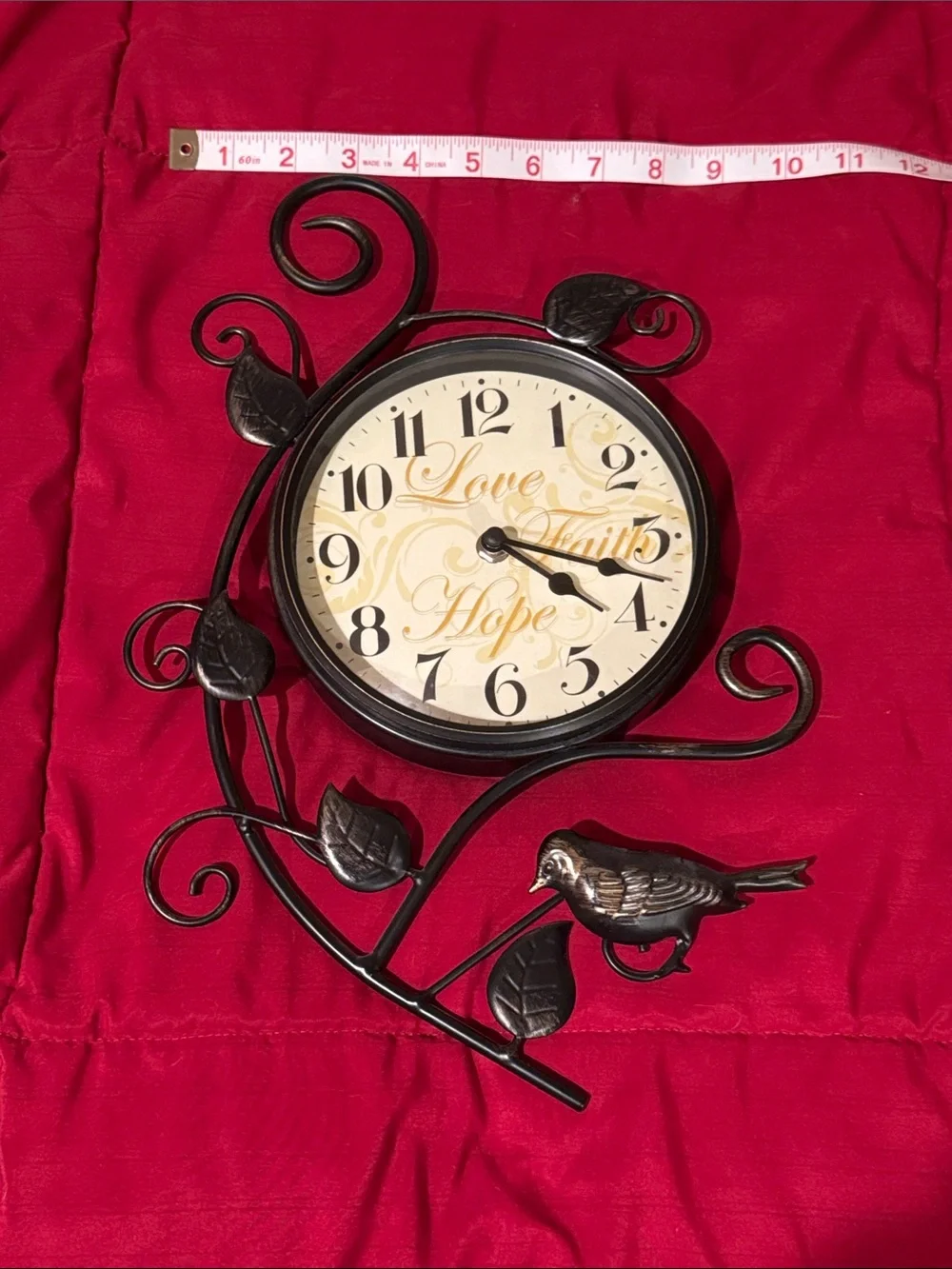 Love Faith Hope Decorative Black Metal Wall Clock with Bird and Leaves Accent
